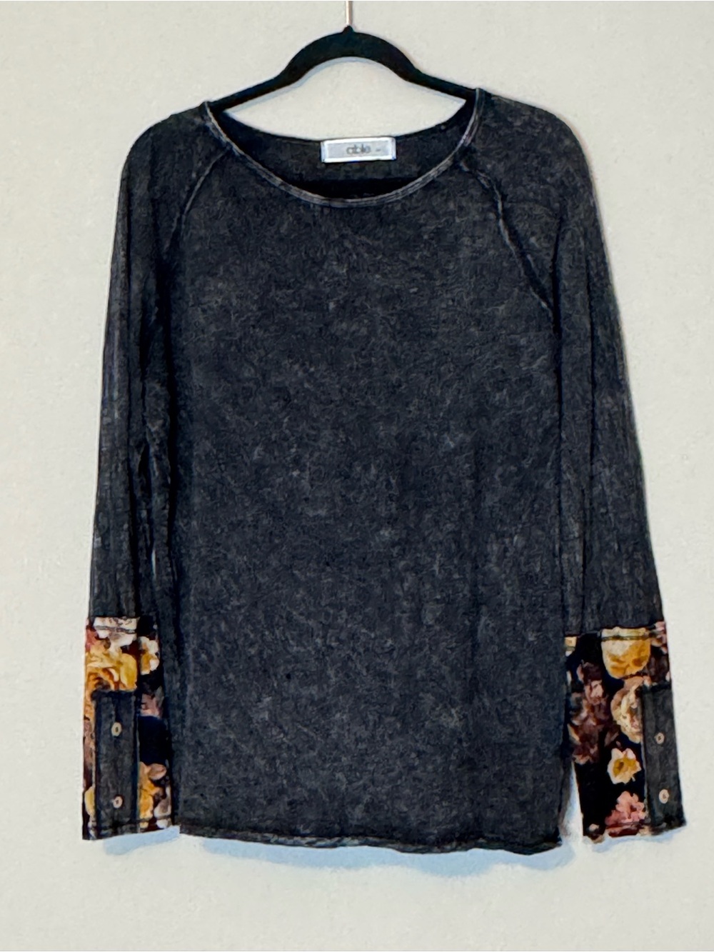 Able Black Mineral-Wash Long-Sleeve Top with Floral Cuff